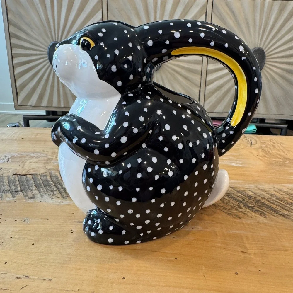 Vintage Dept 56 Polka Dot Rabbit Ceramic Pitcher Folk Art Ceramic Whimsical EUC